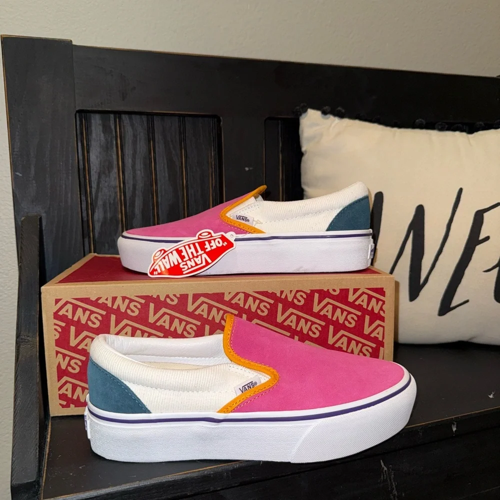 Vans Pink and White Slip-Ons with Orange Trim - Picture 1 of 8
